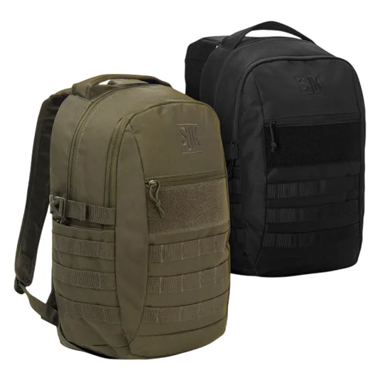 A 2-pack set of tactical-style backpacks, one in olive green and the other in black, featuring multiple exterior pockets, MOLLE webbing, and top carry handles.