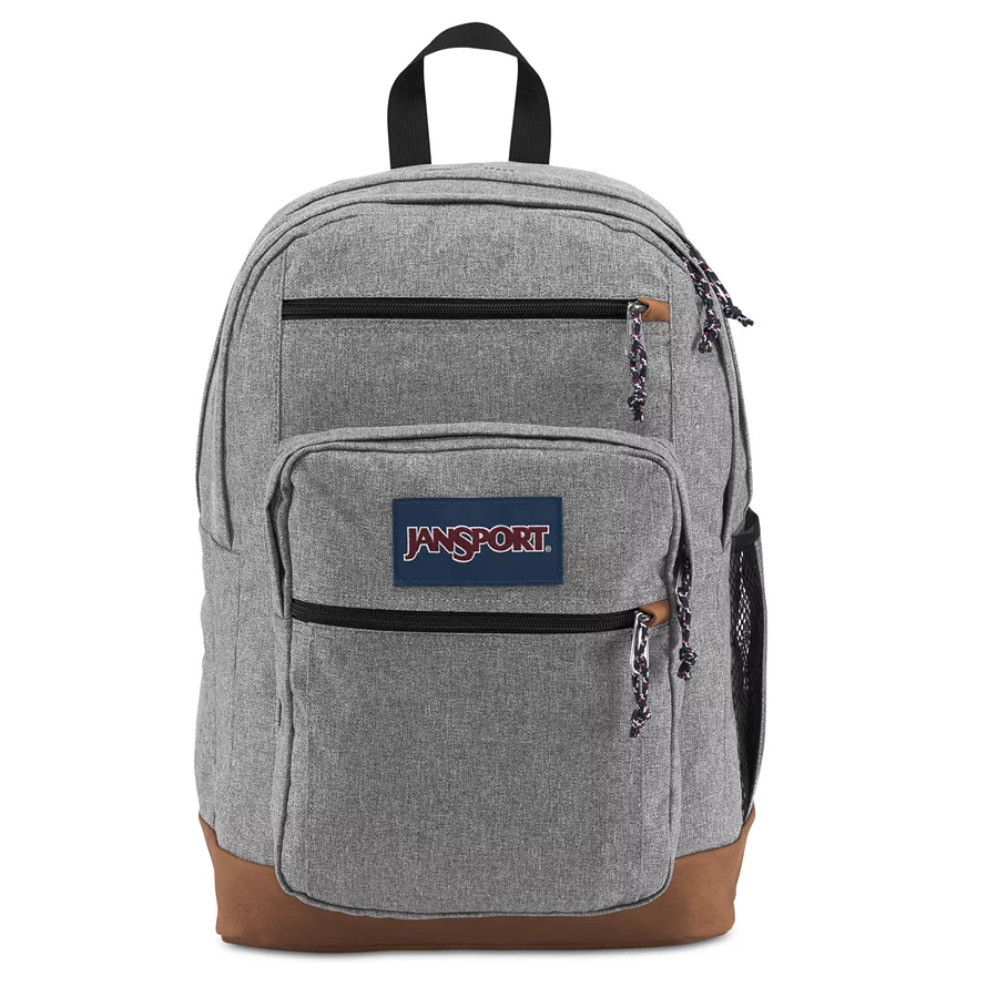 Gray JanSport Cool Student Backpack with brown leather bottom, two large main compartments, front organizer pocket, side water bottle pocket, and ergonomic shoulder straps.