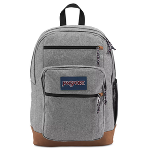 Gray JanSport Cool Student Backpack with brown leather bottom, two large main compartments, front organizer pocket, side water bottle pocket, and ergonomic shoulder straps.
