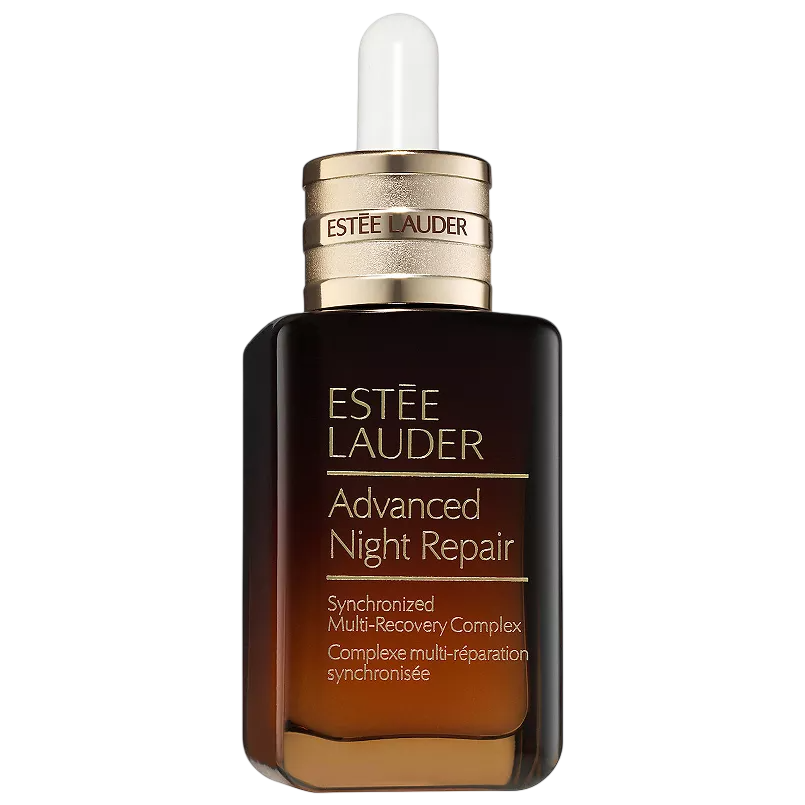 Estee Lauder Advanced Night Repair Synchronized Multi-Recovery Complex, a skincare serum in a dark amber bottle with a dropper.