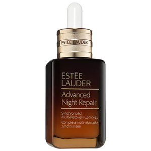 Estee Lauder Advanced Night Repair Synchronized Multi-Recovery Complex, a skincare serum in a dark amber bottle with a dropper.