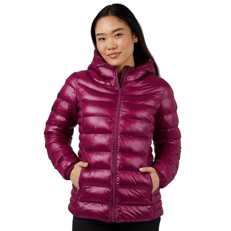 A magenta hooded jacket with a glossy, quilted design and front zipper; features include side pockets and a fitted waist for warmth and style.