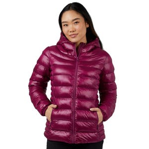 A magenta hooded jacket with a glossy, quilted design and front zipper; features include side pockets and a fitted waist for warmth and style.