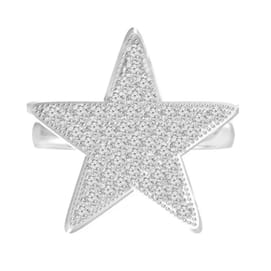A star-shaped ring encrusted with small crystals, set in silver-toned metal.