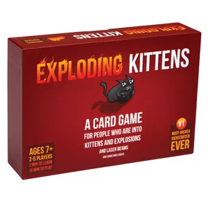 Exploding Kittens card game for ages 7+, 2-5 players, with a playtime of 15 minutes. It's described as a humorous game involving kittens, explosions, laser beams, and goats.
