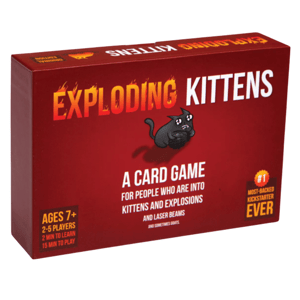 Exploding Kittens card game for ages 7+, 2-5 players, with a playtime of 15 minutes. It's described as a humorous game involving kittens, explosions, laser beams, and goats.