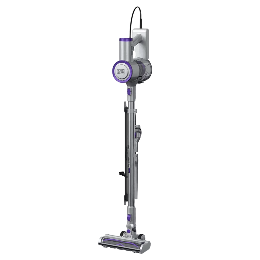 A cordless stick vacuum cleaner with a sleek, gray and purple design, featuring a wall-mounted charging station.