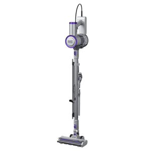 A cordless stick vacuum cleaner with a sleek, gray and purple design, featuring a wall-mounted charging station.