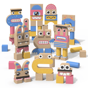 Colorful wooden building blocks with cartoon monster faces, featuring various shapes and patterns for imaginative play.