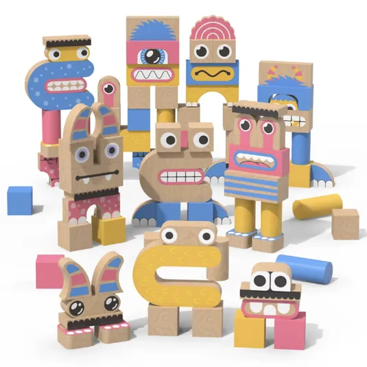 Colorful wooden building blocks with cartoon monster faces, featuring various shapes and patterns for imaginative play.