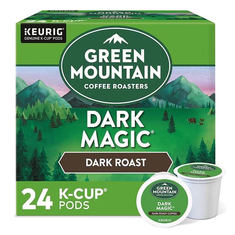 Green Mountain Dark Magic is a dark roast coffee available in 24 K-Cup pods for Keurig brewers. The packaging features a green mountain landscape design.