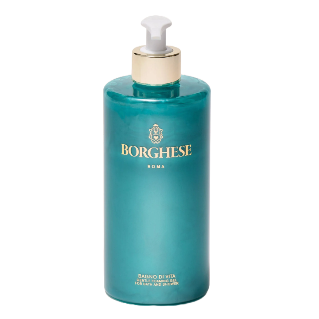 Borghese Roma Bagno di Vita is a gentle foaming gel for bath and shower, featuring a teal bottle with a pump dispenser.