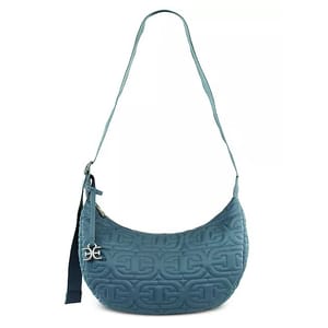 Teal shoulder bag with embossed geometric pattern and silver accents, featuring a side strap with a small decorative detail.