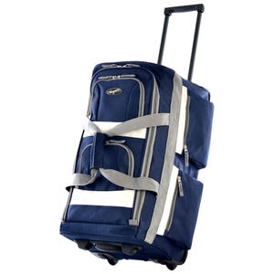 A blue and white 22\“ rolling duffel bag with multiple zippered compartments, a retractable handle, and wheels for easy transport. It features additional handles and straps for versatile carrying options.