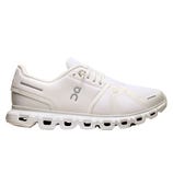 White athletic shoe with a breathable mesh upper, featuring unique cloud-like cushioning on the sole and a minimalist design.