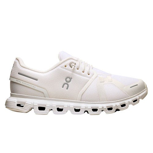 White athletic shoe with a breathable mesh upper, featuring unique cloud-like cushioning on the sole and a minimalist design.