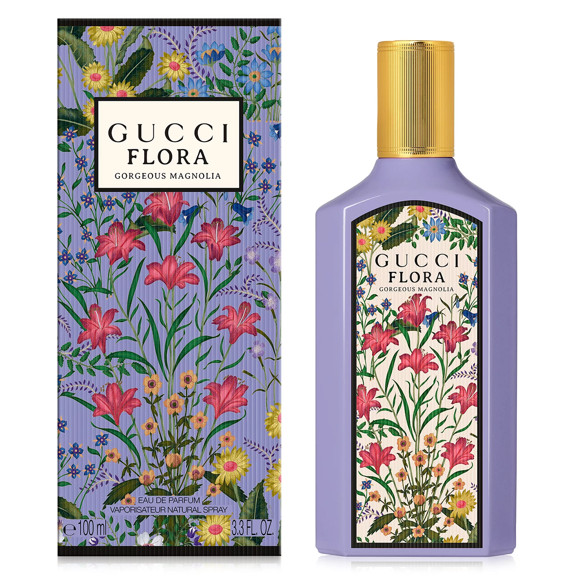 Gucci Flora Gorgeous Magnolia Eau de Parfum, 100 ml, features a floral design on both the lavender bottle and the packaging.