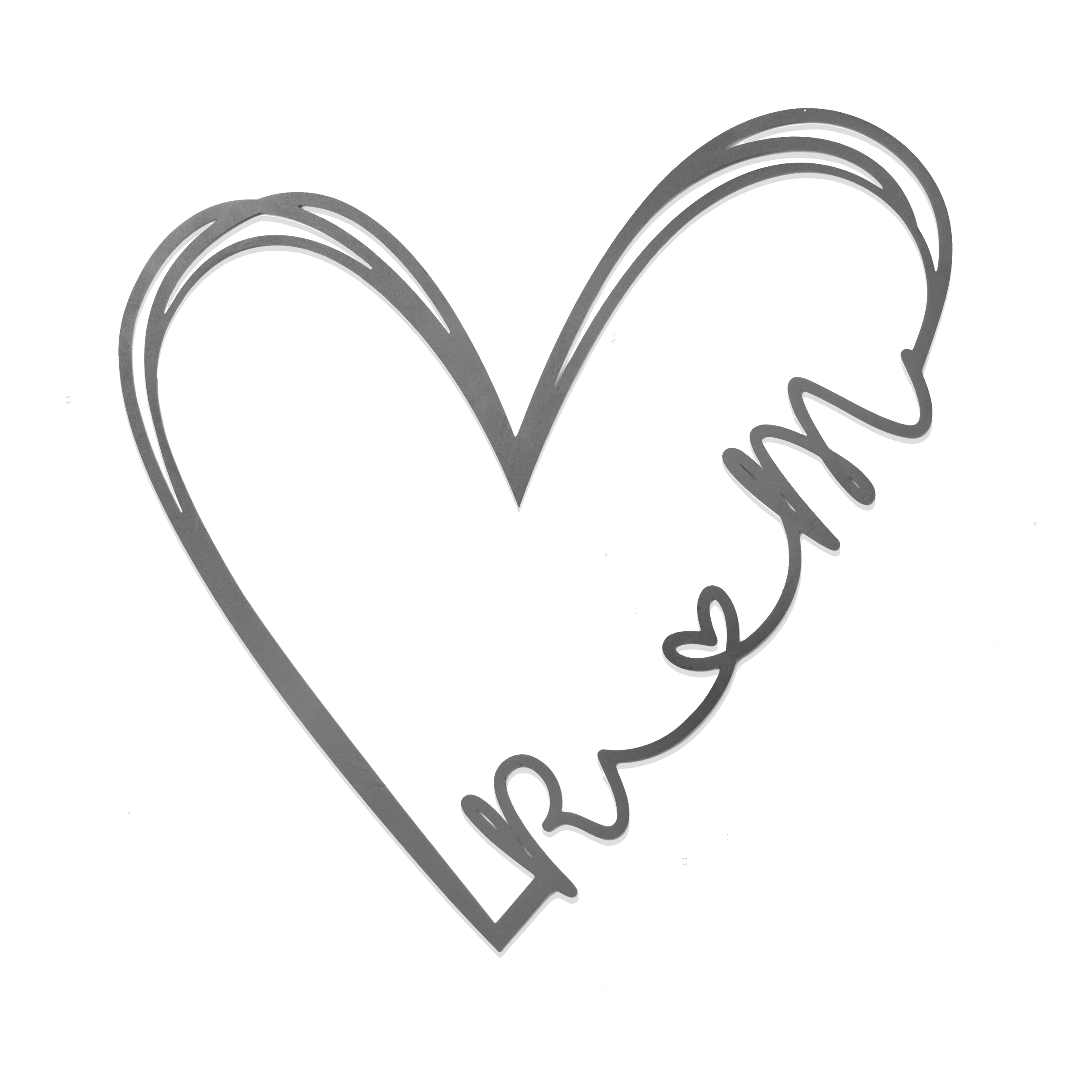 A custom heart wall sign features a large heart outline with the word \“prom\“ integrated into the design, resembling a handwritten script.