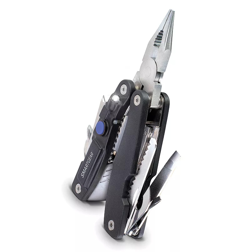 The Smart Gear USB Rechargeable Multi-Tool features pliers, multiple tools, and an integrated LED light, all in a compact design.
