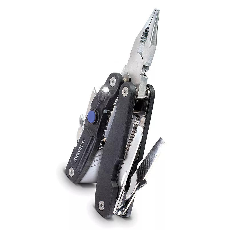 The Smart Gear USB Rechargeable Multi-Tool features pliers, multiple tools, and an integrated LED light, all in a compact design.