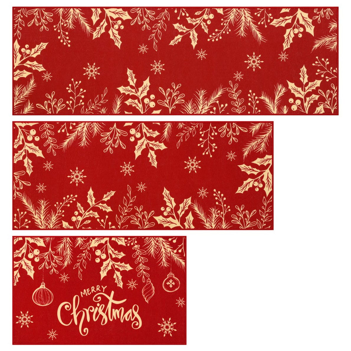 Three red and gold Christmas-themed table runners featuring holly, snowflakes, and ornaments. Patterns include \“Merry Christmas\“ text with decorative elements suitable for festive decoration.