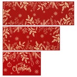 Three red and gold Christmas-themed table runners featuring holly, snowflakes, and ornaments. Patterns include \“Merry Christmas\“ text with decorative elements suitable for festive decoration.