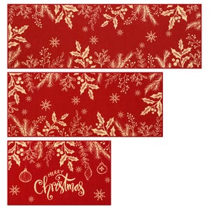 Three red and gold Christmas-themed table runners featuring holly, snowflakes, and ornaments. Patterns include \“Merry Christmas\“ text with decorative elements suitable for festive decoration.