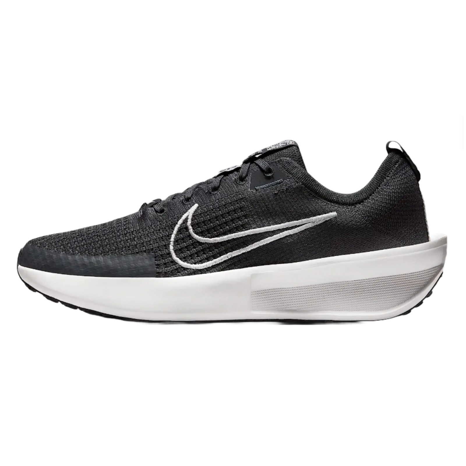 Nike Interact Running Shoes feature a sleek black upper with a textured finish, a prominent white swoosh, and a cushioned white midsole for comfort and support.