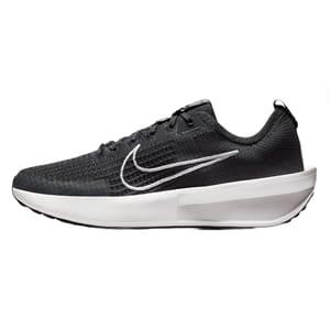 Nike Interact Running Shoes feature a sleek black upper with a textured finish, a prominent white swoosh, and a cushioned white midsole for comfort and support.