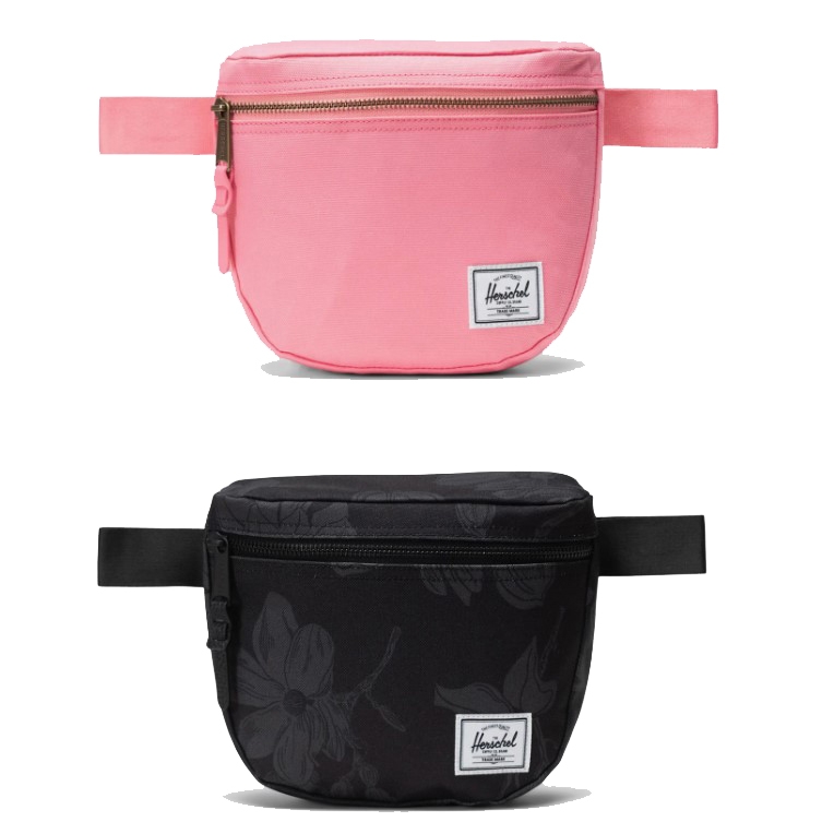 Two Herschel brand fanny packs, one pink and one black with a floral pattern.