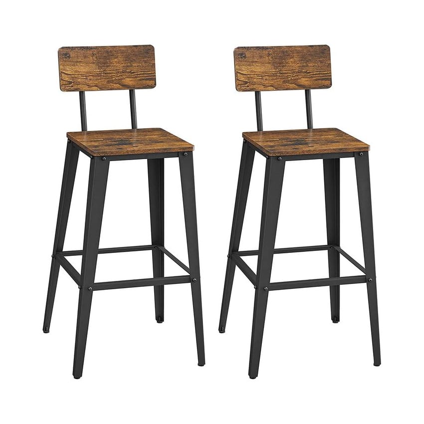 Two industrial-style bar stools with black metal frames and rustic wooden seats and backs.