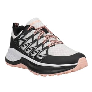 A gray and black hiking shoe with pink laces and a geometric pattern.