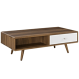 A mid-century modern coffee table with a walnut finish features a white drawer and open shelf, supported by angled wooden legs.