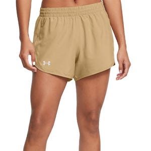 Tan-colored athletic shorts with an elastic waistband, featuring the Under Armour logo on the left leg.