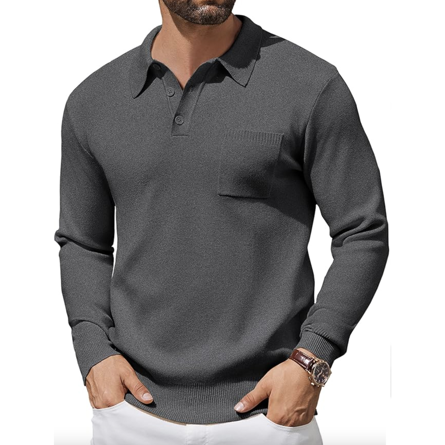 A charcoal gray men's long-sleeve collared sweater with a buttoned placket, chest pocket, and ribbed cuffs. The model wears a brown watch and white pants.