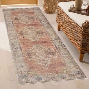 A decorative runner rug with a vintage design features intricate patterns in earthy tones, placed on a light hardwood floor next to a wicker sofa.