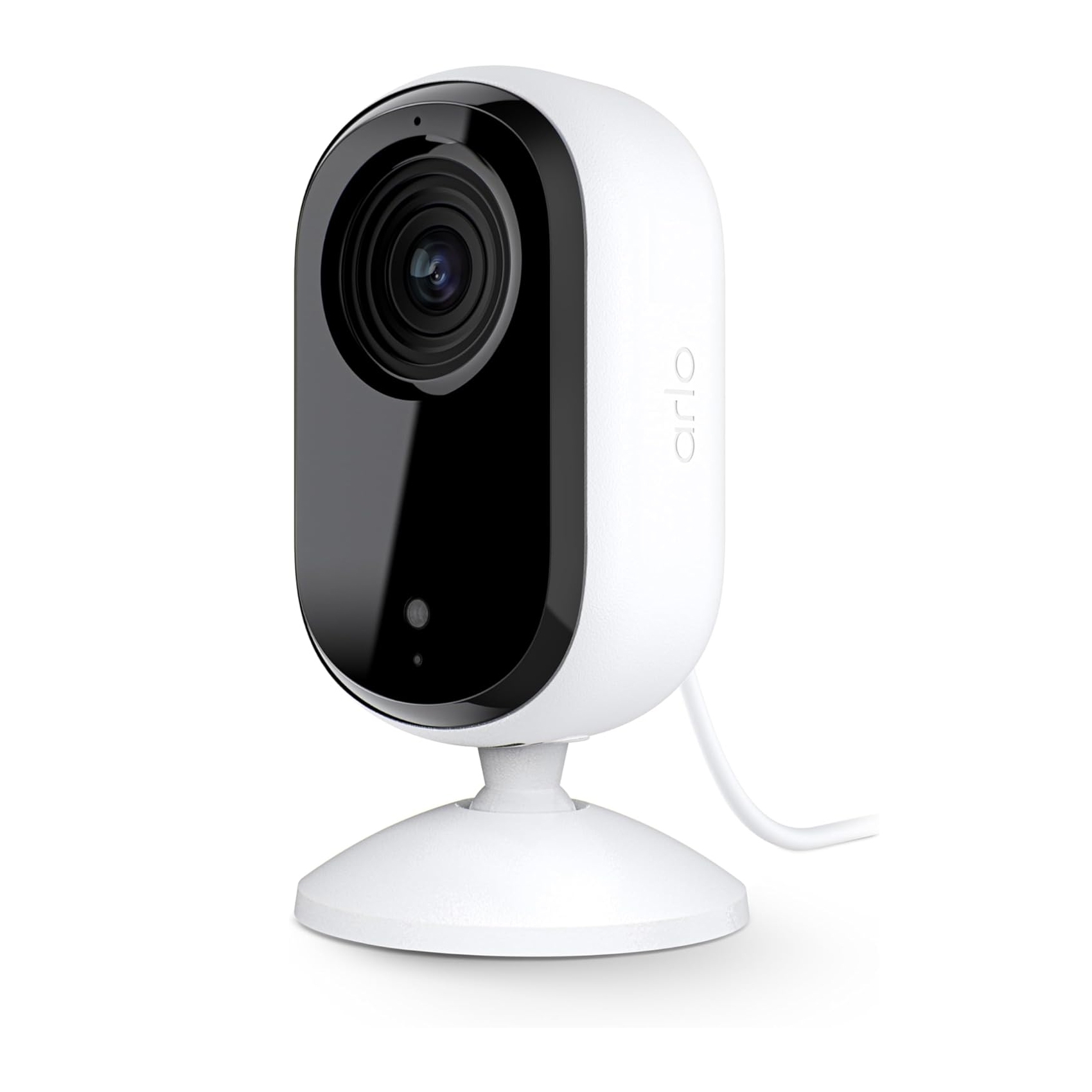 Arlo Essential Indoor Camera with a black front and white body, featuring a built-in stand and a power cable for indoor security use.
