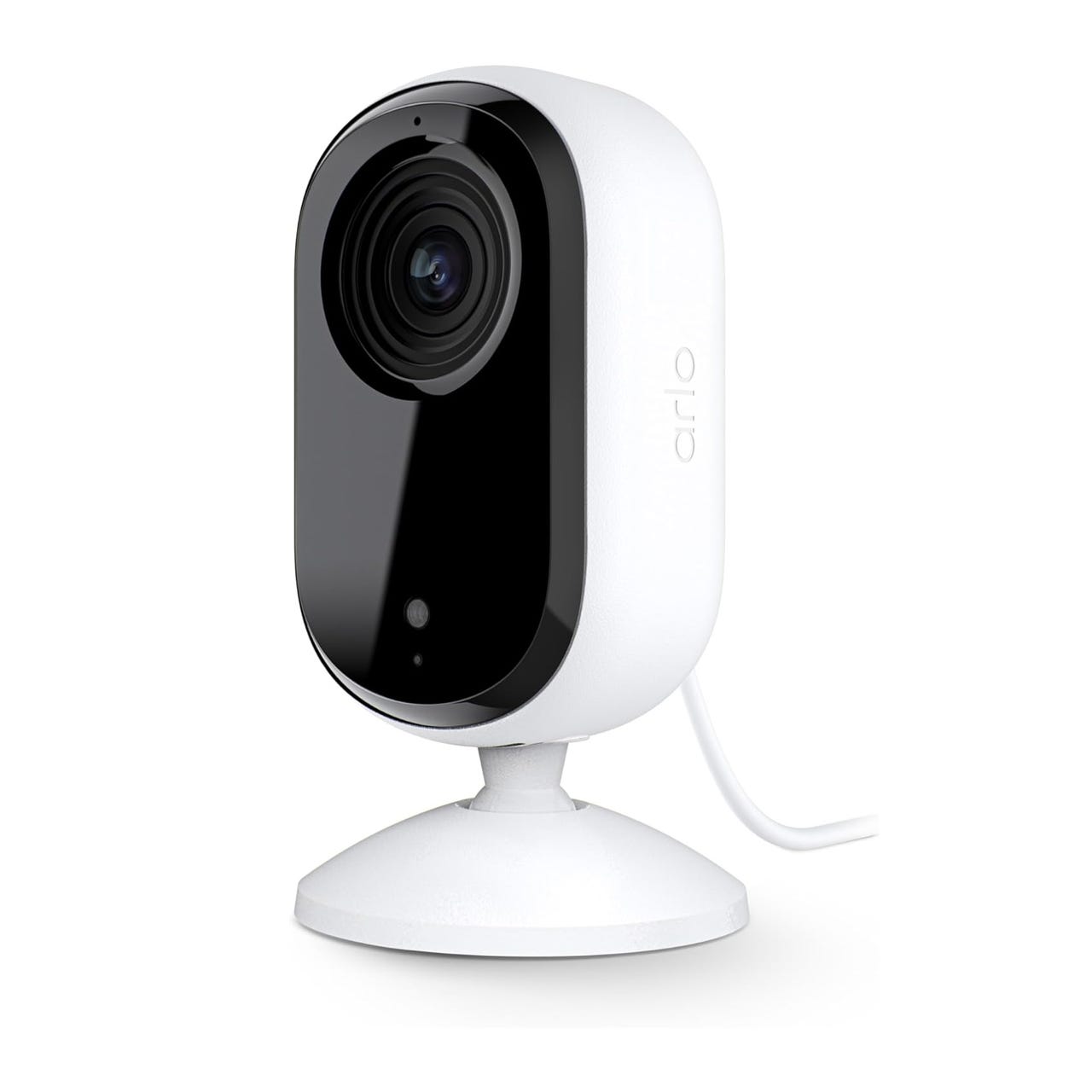 Arlo Essential Indoor Camera with a black front and white body, featuring a built-in stand and a power cable for indoor security use.