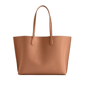 Italian Leather Triple-Compartment Tote in a tan color, featuring a simple design with two long handles.