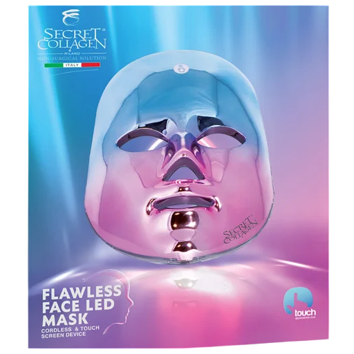 Flawless Face LED Mask by Secret Collagen, a cordless and touchscreen device for skincare featuring non-surgical solutions from Italy.