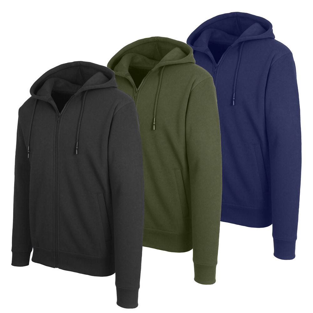 Three zip-up hoodies in black, olive green, and navy blue, each featuring a drawstring hood and front pockets.