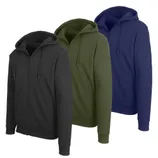 Three zip-up hoodies in black, olive green, and navy blue, each featuring a drawstring hood and front pockets.