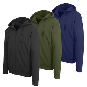 Three zip-up hoodies in black, olive green, and navy blue, each featuring a drawstring hood and front pockets.