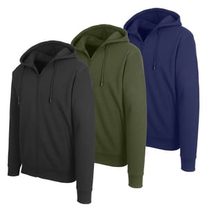 Three zip-up hoodies in black, olive green, and navy blue, each featuring a drawstring hood and front pockets.