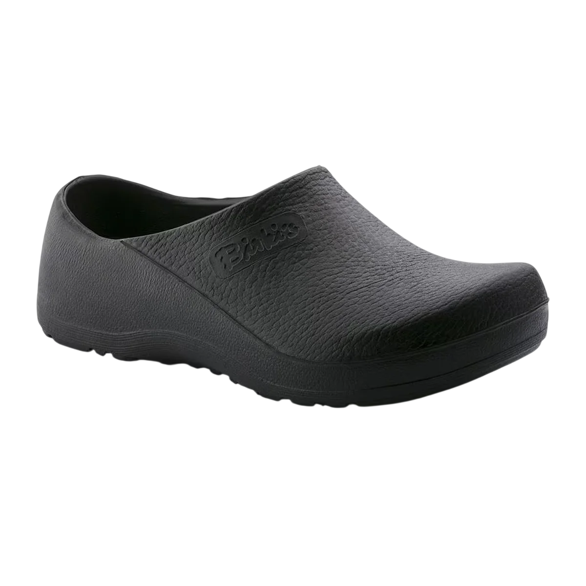 A black Birki clog with a textured surface and embossed logo, featuring a slip-on design and molded sole for comfort.