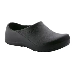 A black Birki clog with a textured surface and embossed logo, featuring a slip-on design and molded sole for comfort.