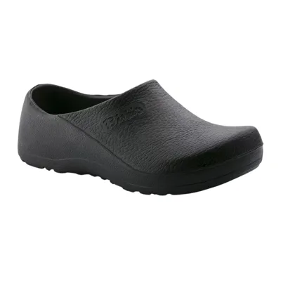 A black Birki clog with a textured surface and embossed logo, featuring a slip-on design and molded sole for comfort.