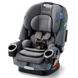 Graco 4Ever DLX 4-in-1 car seat in gray, featuring dual cup holders, adjustable harness, and padded seating designed to adapt as a child grows from rear-facing infant to forward-facing convertible to high-back booster.