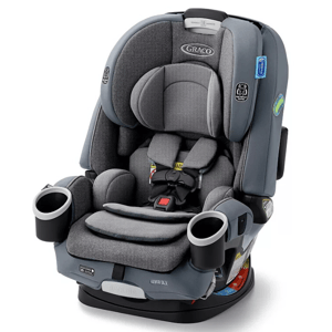 Graco 4Ever DLX 4-in-1 car seat in gray, featuring dual cup holders, adjustable harness, and padded seating designed to adapt as a child grows from rear-facing infant to forward-facing convertible to high-back booster.
