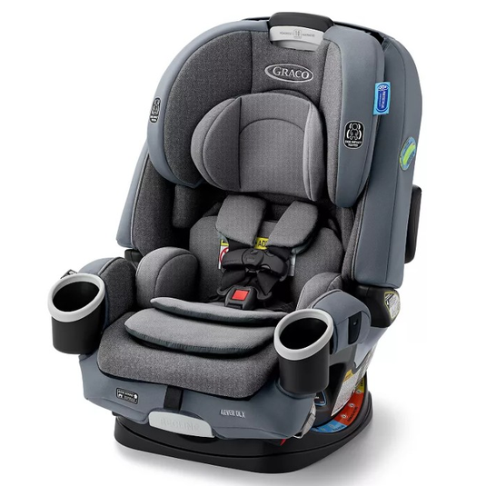 Graco 4Ever DLX 4-in-1 car seat in gray, featuring dual cup holders, adjustable harness, and padded seating designed to adapt as a child grows from rear-facing infant to forward-facing convertible to high-back booster.